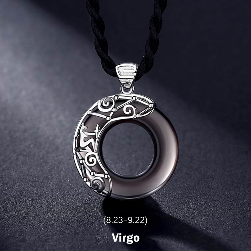 12 Constellations of the Zodiac Ice Obsidian Blessing Round Pendant Necklace