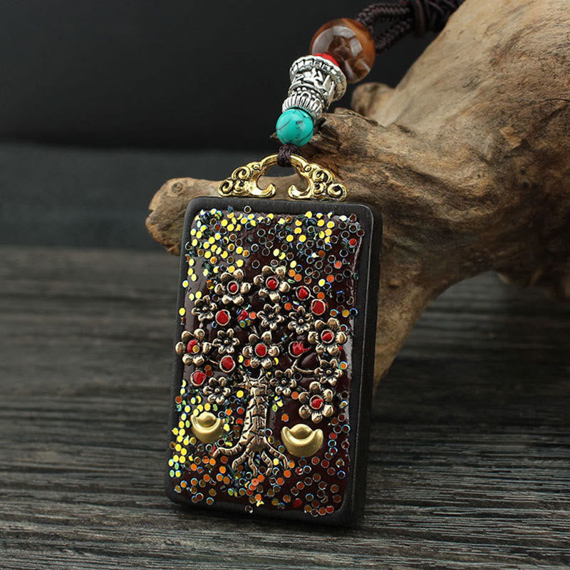 Tibet God Of Wealth Money Tree Golden Phoenix Thangka Ebony Peace Necklace Pendant
