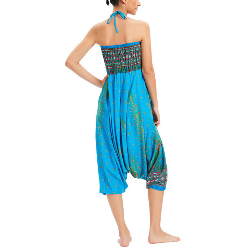 Two Style Wear Peacock Feather Loose Smocked Harem Trousers Jumpsuit High Waist Pants