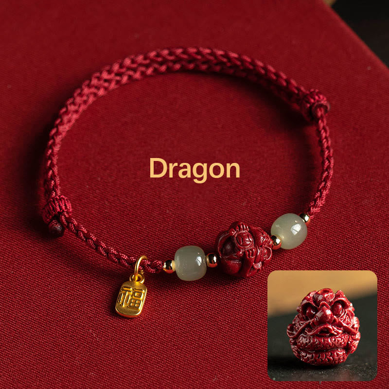 Handmade Cinnabar & Hetian Jade Sterling Silver Chinese Zodiac Fu Red String Bracelet