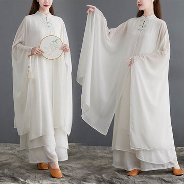 Chiffon Frog-Button Flowing Dress and Wide-Leg Meditation Set