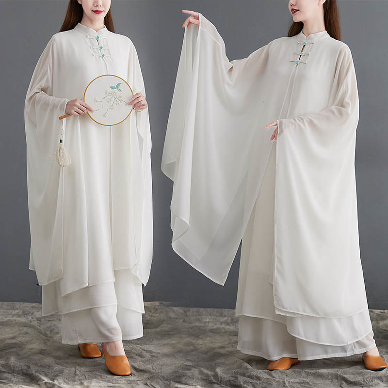 Chiffon Frog-Button Flowing Dress and Wide-Leg Meditation Set