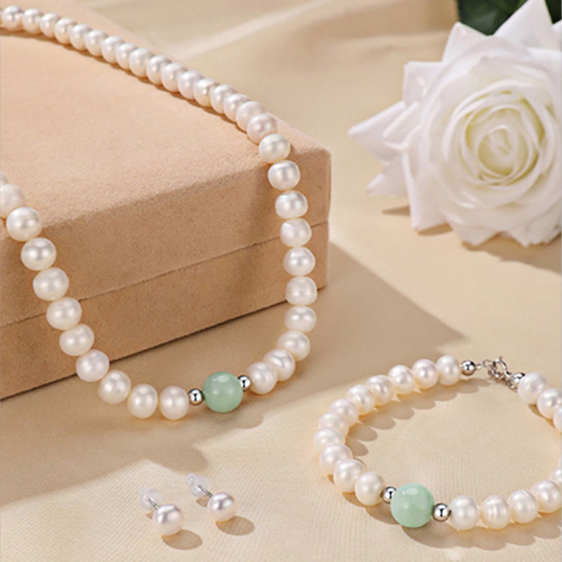 925 Sterling Silver Natural Pearl Jade Healing Necklace Bracelet Earrings With Gift Box