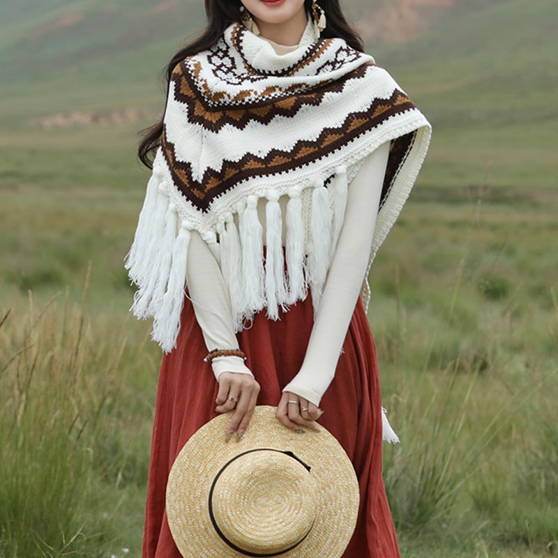 Tibetan Triangular Shawl Striped Tassels Winter Cozy Travel Scarf Wrap