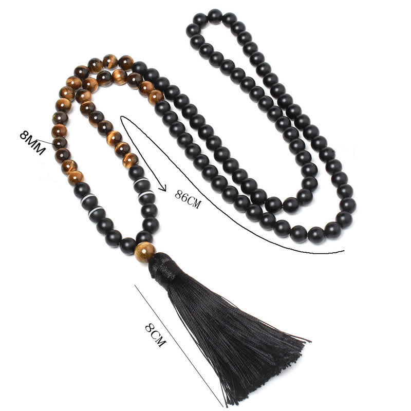 8mm Black Onyx and Tiger Eye Tassel Mala Necklace & Wrap Bracelet