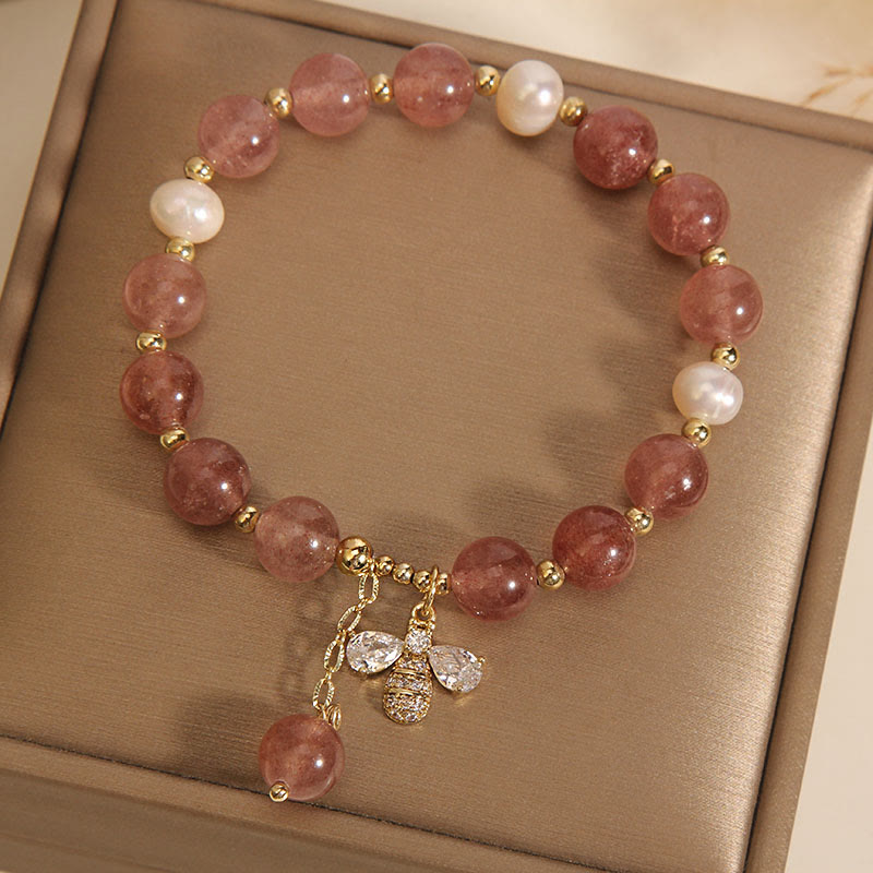 Strawberry Quartz and Pearl Beaded Bracelet with Zircon Honeybee Charm