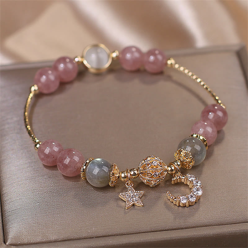 Celestial Strawberry Quartz, Moonstone & Cat's Eye Moon Star Gemstone Bracelet