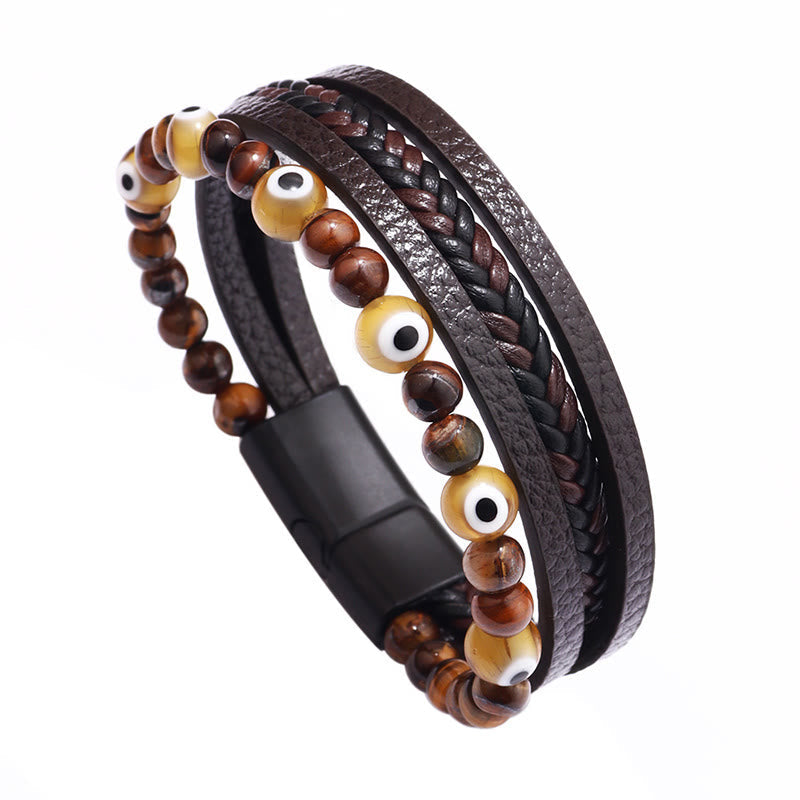 Evil Eye Tiger Eye Protection Beaded Multilayered Braided Bracelet