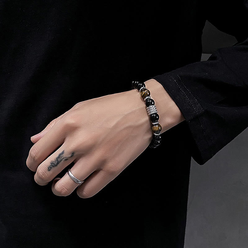 10mm Black Obsidian and Tiger Eye Beaded Bracelet with Titanium Steel