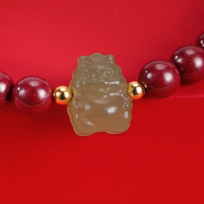 925 Sterling Silver Year of the Dragon Natural Cinnabar Hetian Jade Dragon Fu Character Ruyi As One Wishes Charm Blessing Bracelet