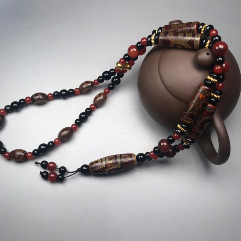 Handmade Nine-Eye Dzi Bead and Red Agate 9x12mm Unisex Necklace