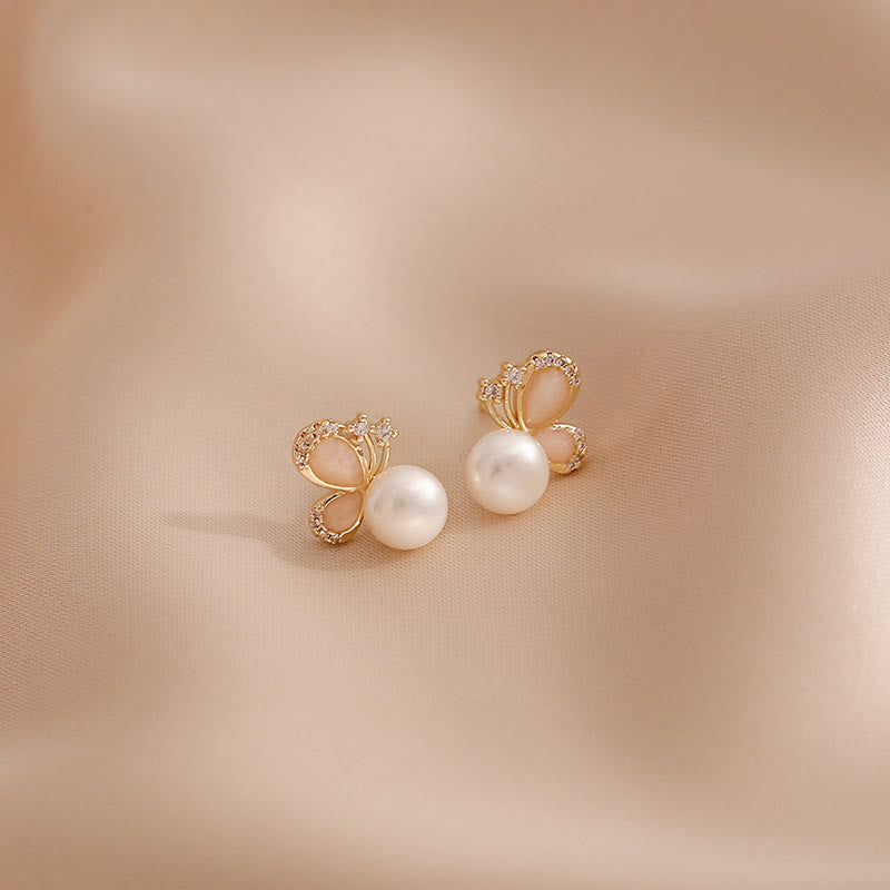 18k Gold Plated Natural Pearl Butterfly Stud Earrings