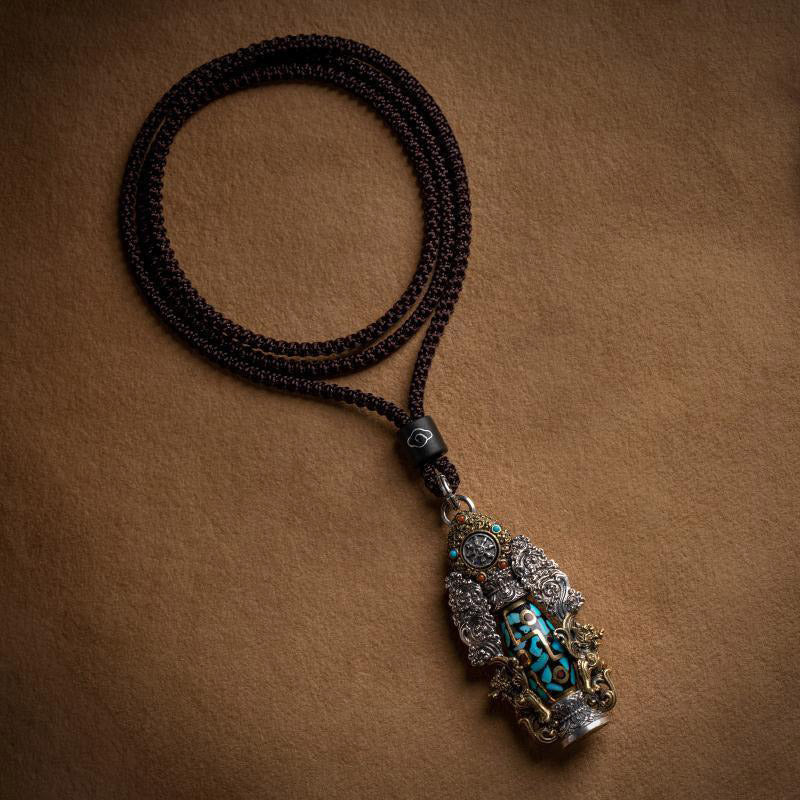 Tibetan Nine-Eye Dzi Bead Turquoise Buddha Wealth Rotation Necklace (Extra 30% Off | USE CODE: FS30)