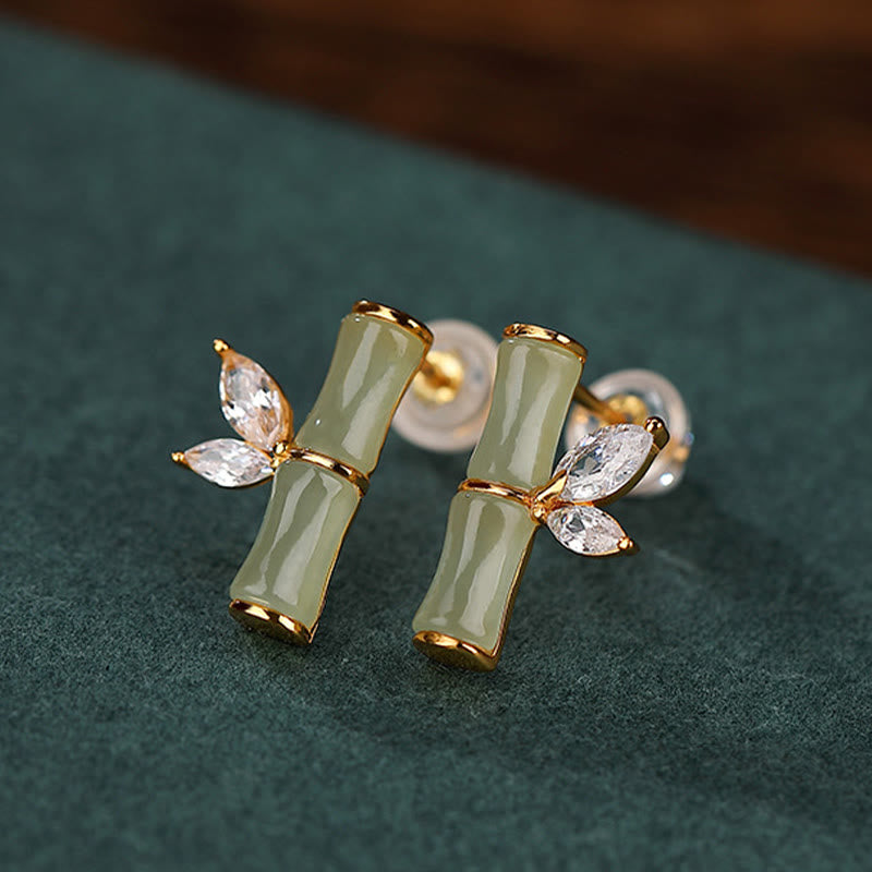 Gold Plated 925 Sterling Silver Bamboo Pattern Jade and Agate Stud Earrings