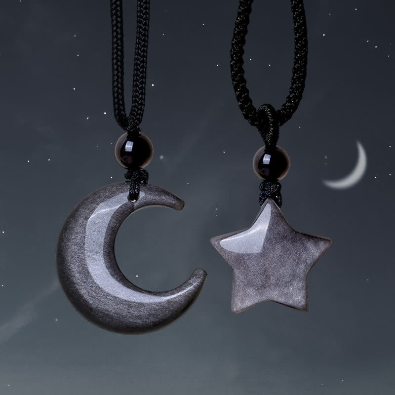 Natural Silver Sheen Obsidian Star Crescent Moon Protection Necklace Pendant