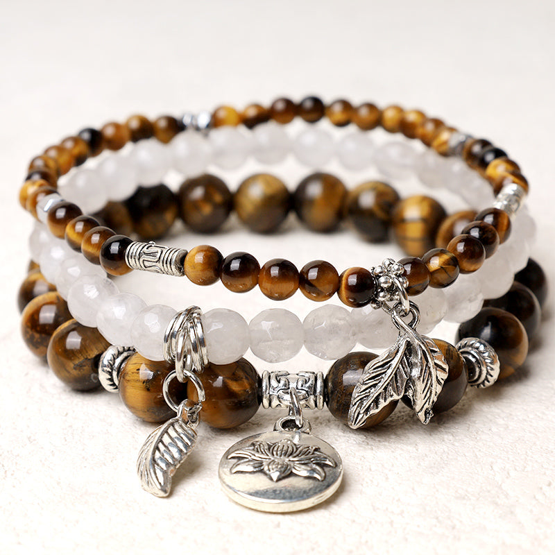 3PCS Natural Gemstone Beaded Lotus Charm Bracelet Set