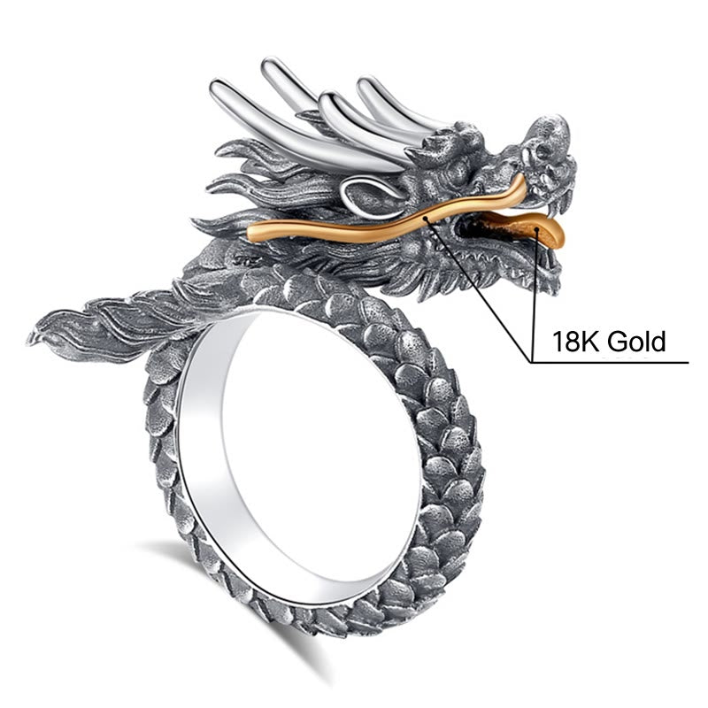 925 Sterling Silver Vintage Dragon Design Protection Strength Adjustable Ring