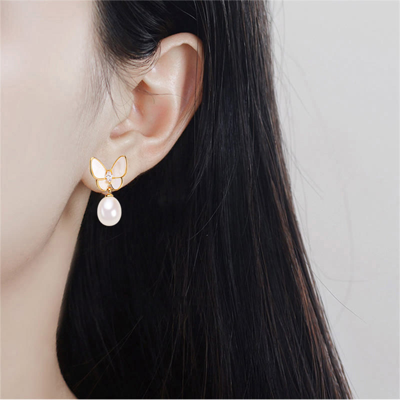 925 Sterling Silver Posts 18K Gold Plated Copper Pearl Butterfly Optimism Stud Earrings