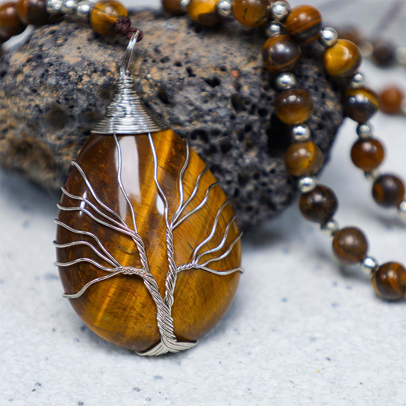 Natural Tiger Eye Strength Beaded Pendant Necklace