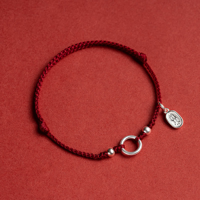 925 Sterling Silver Ping An Kou Lotus Red String Bracelet with Peace and Joy Charms