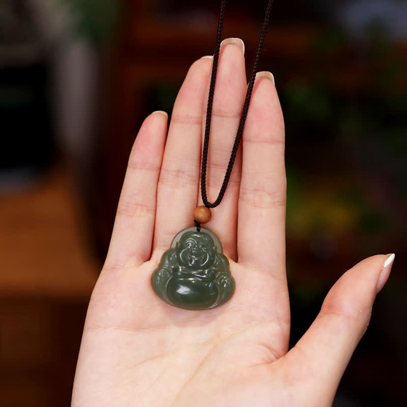 Laughing Buddha Hetian Jade Healing Calm Necklace String Pendant