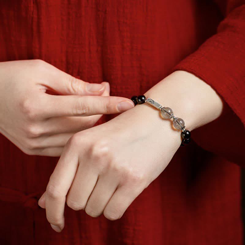 925 Sterling Silver Black Obsidian and Moonstone Beaded Couple Bracelet Set