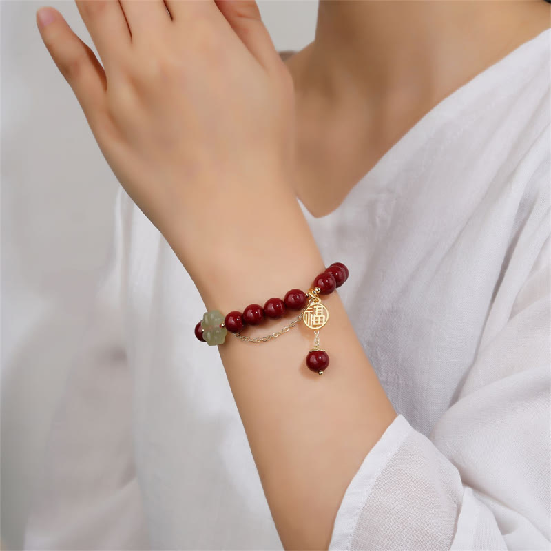Natural Hetian Jade and Cinnabar Fu Character Clover Beaded Elastic Bracelet