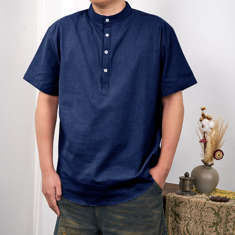 Cotton Linen Stand Collar Short Sleeve Meditation Shirt