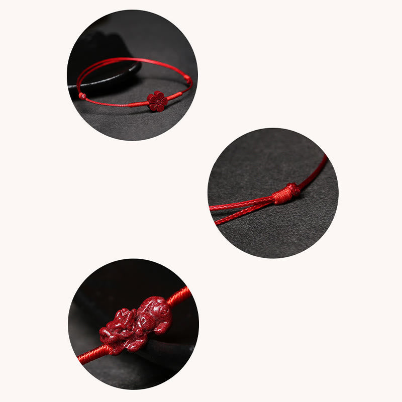 Handmade Cinnabar Braided Red String Bracelet with Carved Symbolic Charms