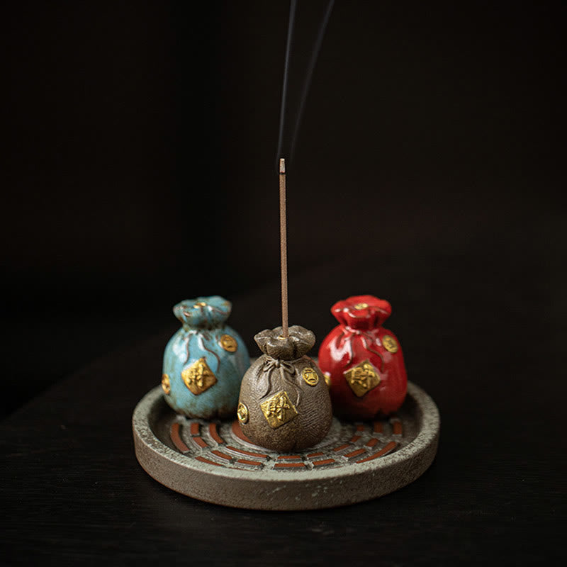 Ceramic Bagua Tray & Symbolic Wealth Vessel Stick Incense Burner