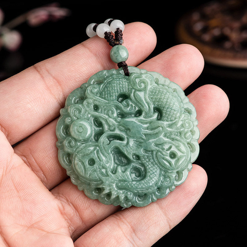 Chinese Zodiac Dragon Jade Fortune Necklace String Pendant