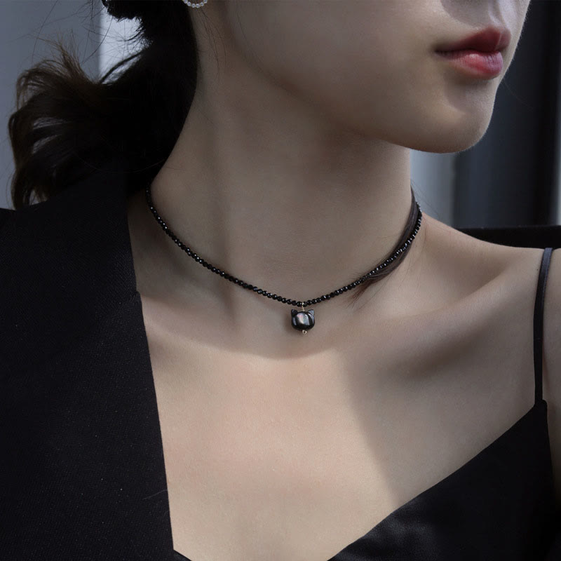 Black Spinel Cute Cat Motivate Choker Necklace
