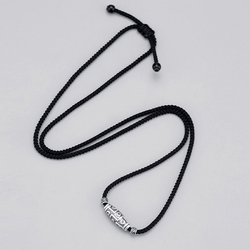 999 Sterling Silver Nine-Eye Dzi Bead Pattern Protection Rope Necklace Pendant