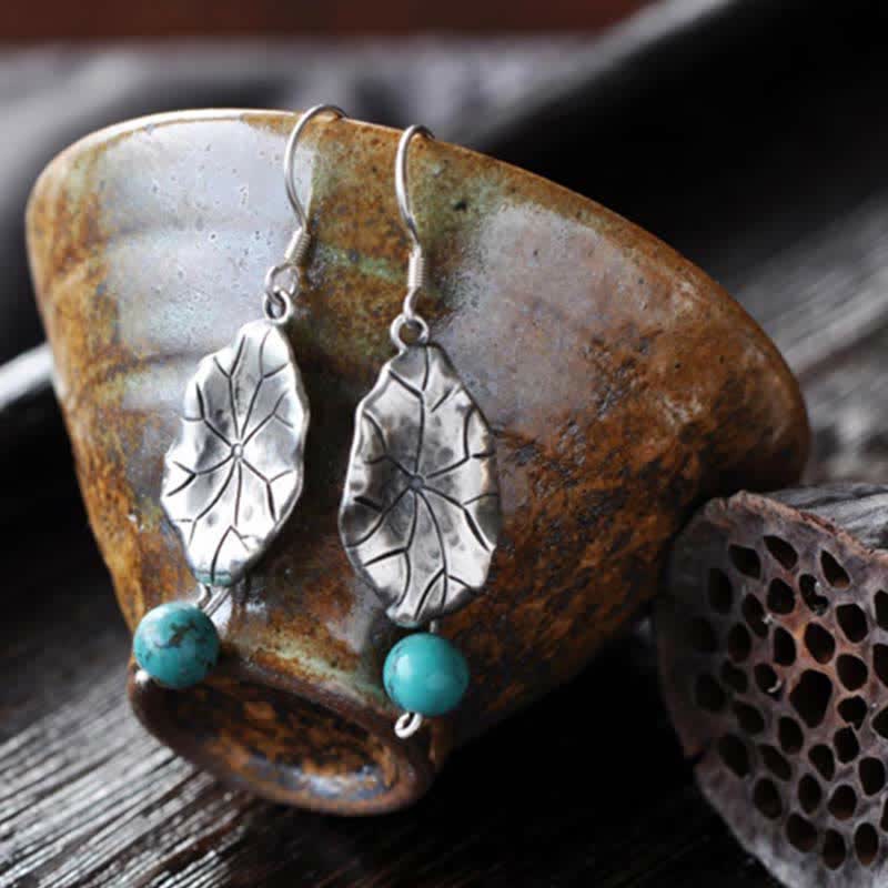925 Sterling Silver Turquoise Lotus Leaf Handcrafted Drop Dangle Earrings
