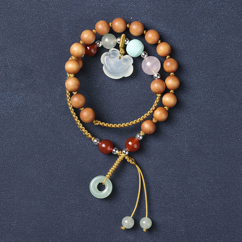 Green Sandalwood Chalcedony Peace Buckle Charm Soothing Double Wrap Bracelet