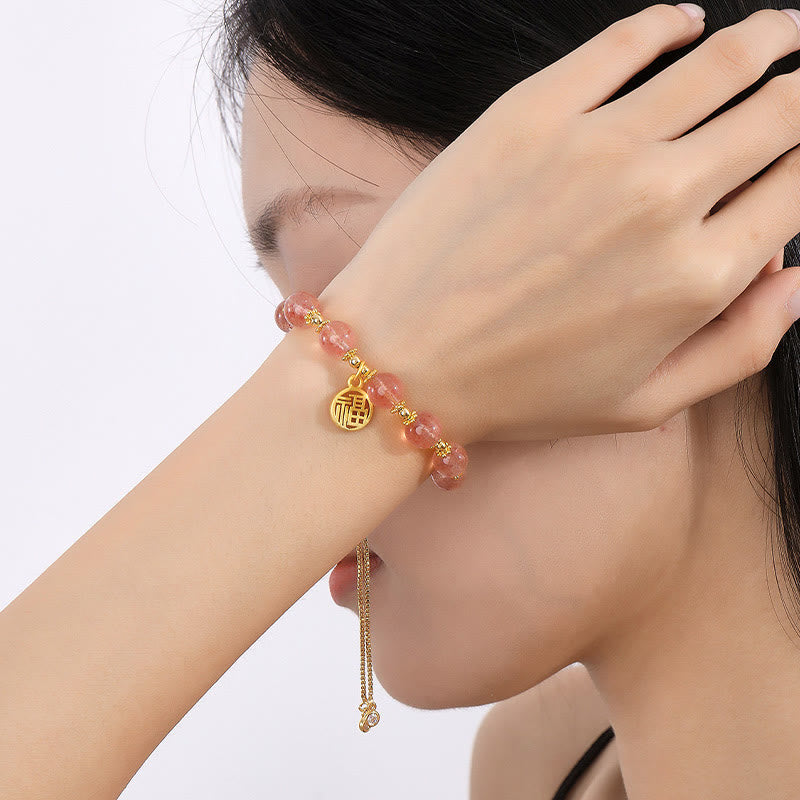 Natural Strawberry Quartz 14K Gold Plated Fu Character Charm Beaded Bracelet