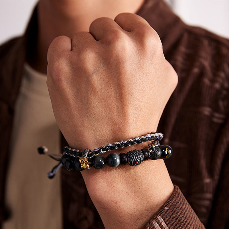 Handmade 925 Sterling Silver Gold Plated Lava Stone, Eagle's Eye & Black Agate Om Mani Beaded Bracelet