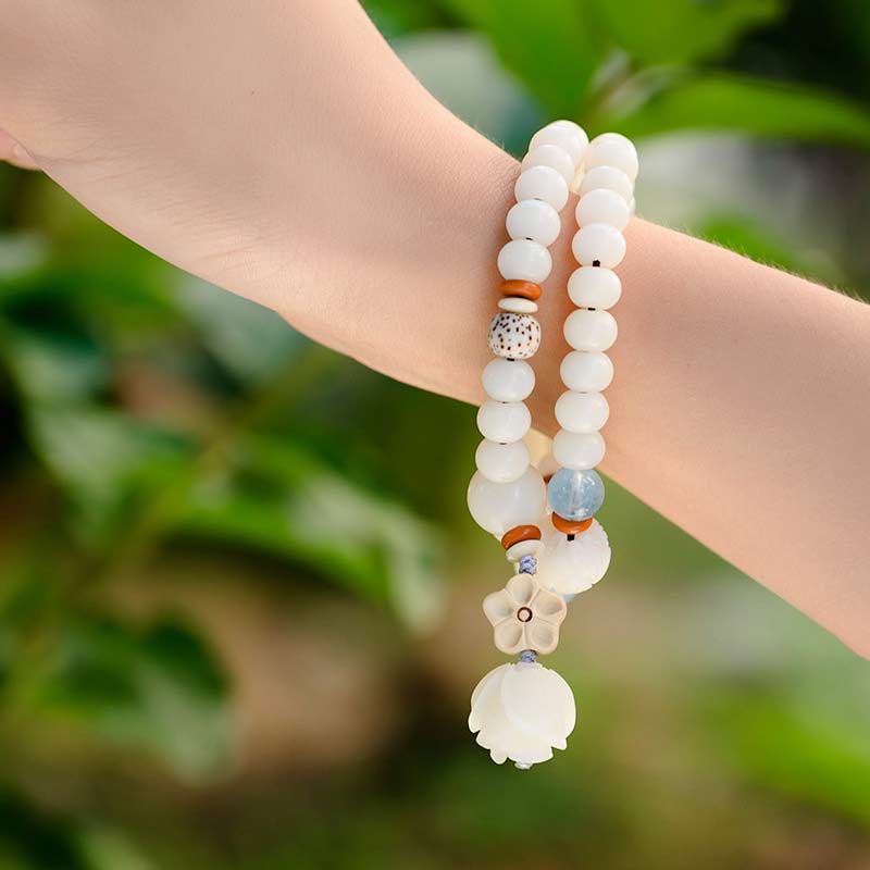 Tibetan White Jade Bodhi Lotus Blessing Bracelet