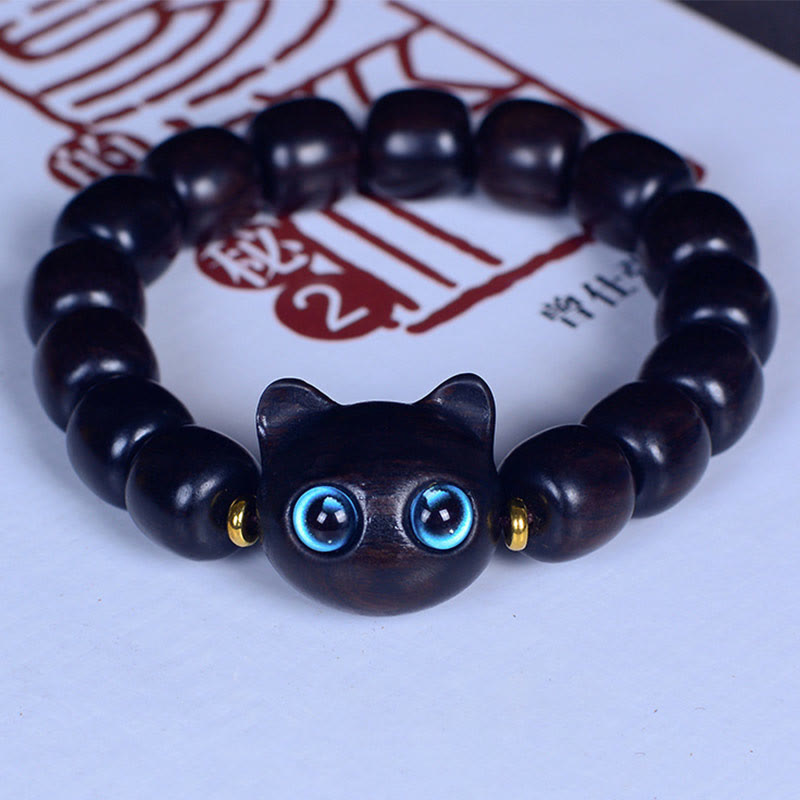 Natural Ebony Wood and Liuli Glass Lucky Cat Beaded Bracelet for Cat Lovers