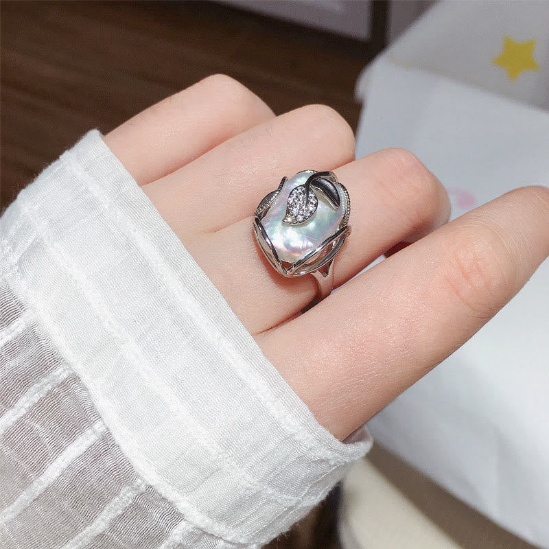 Pearl Copper Plated Gold Flower Happiness Wealth Ring