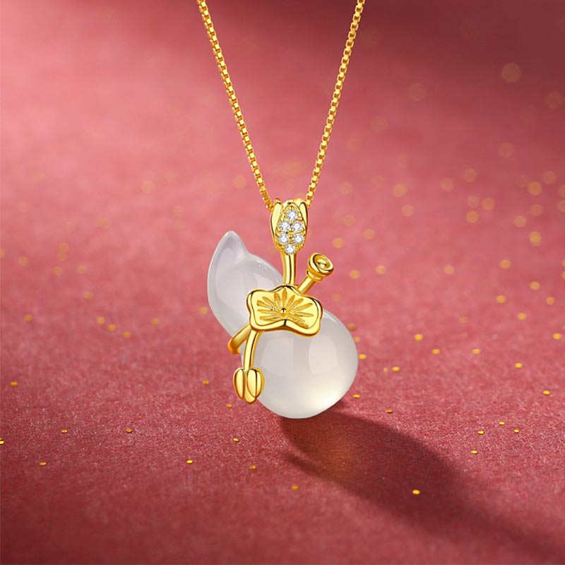 Cyan Jade Gourd Lotus Leaf Abundance Pendant Necklace