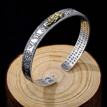 Fine Silver & Brass Heart Sutra Inscribed Bracelet - Pixiu, Dragon, or Lotus Style