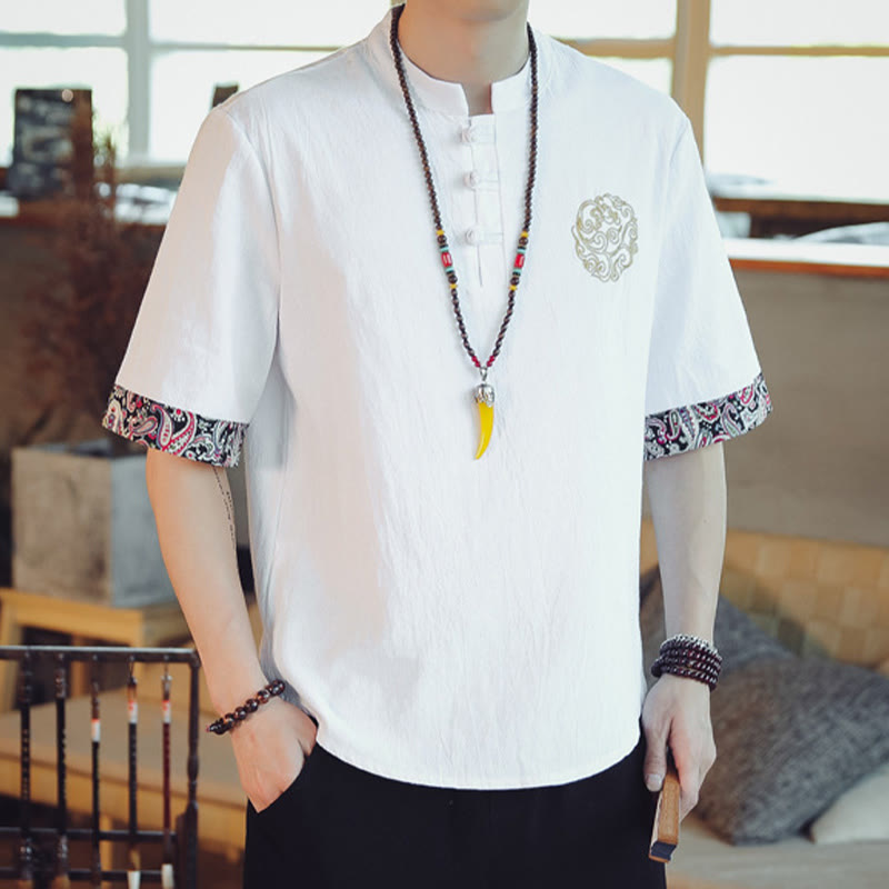 Frog-Button Dragon Embroidery Chinese Tang Suit Short Sleeve Shirt Linen Men Clothing