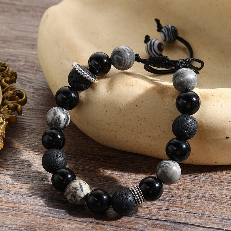 Vintage Lava Rock Black Obsidian Picasso Jasper Beads Support Rope Bracelet