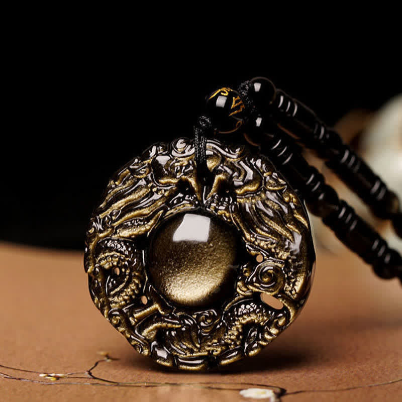 Natural Gold Sheen Obsidian Rainbow Obsidian Dragon Strength Necklace Pendant (Extra 35% Off | USE CODE: FS35)