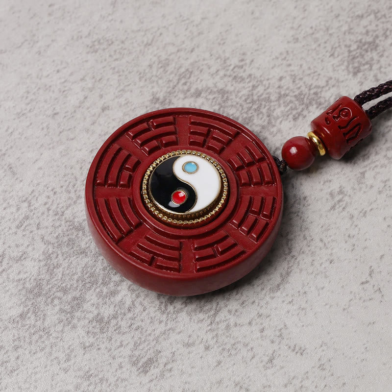 Natural Cinnabar Bagua Rotatable Yin Yang Keep Away Evil Spirits Necklace Pendant