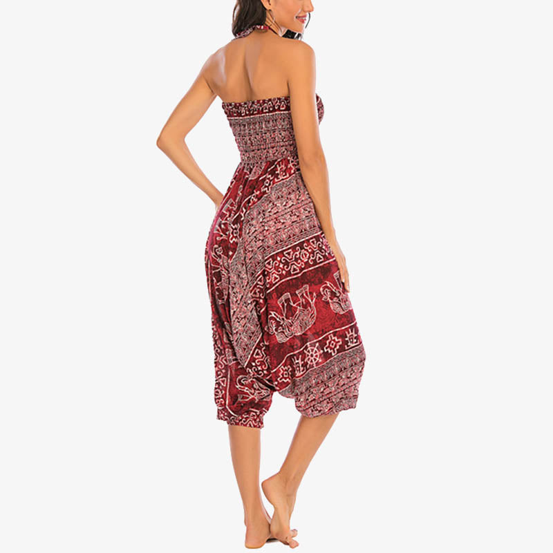 Two Style Wear Elephant Pattern Loose Smocked Harem Trousers Jumpsuit Women's Yoga Pants