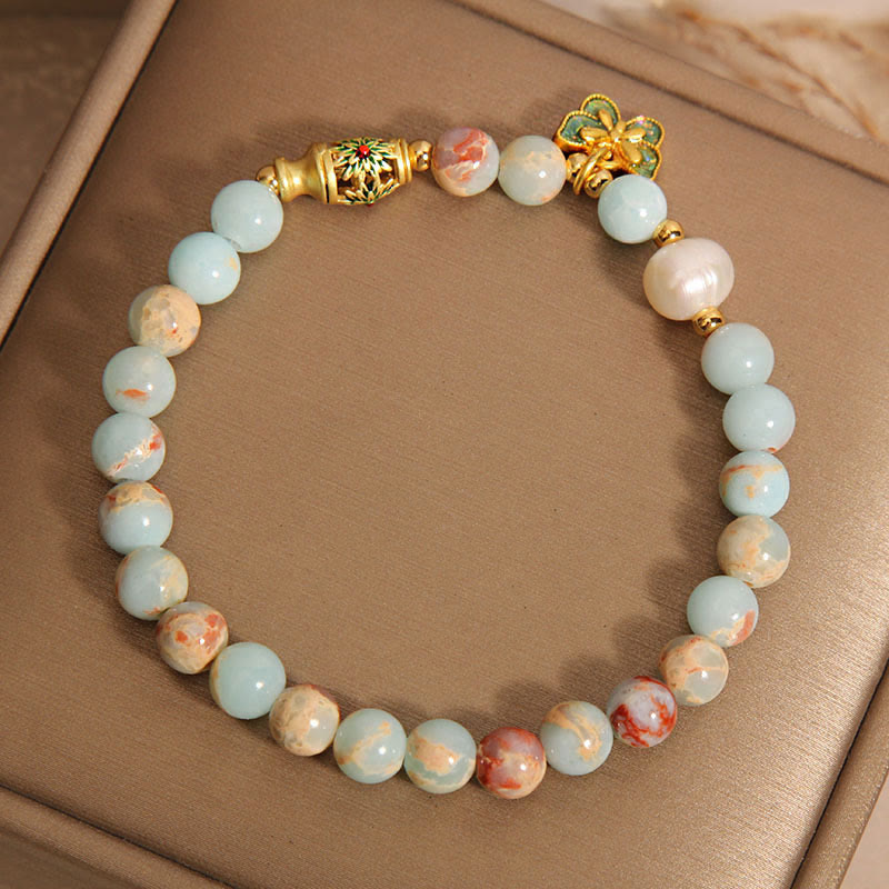 Shoushan Stone and Pearl Beaded Butterfly Charm Bracelet