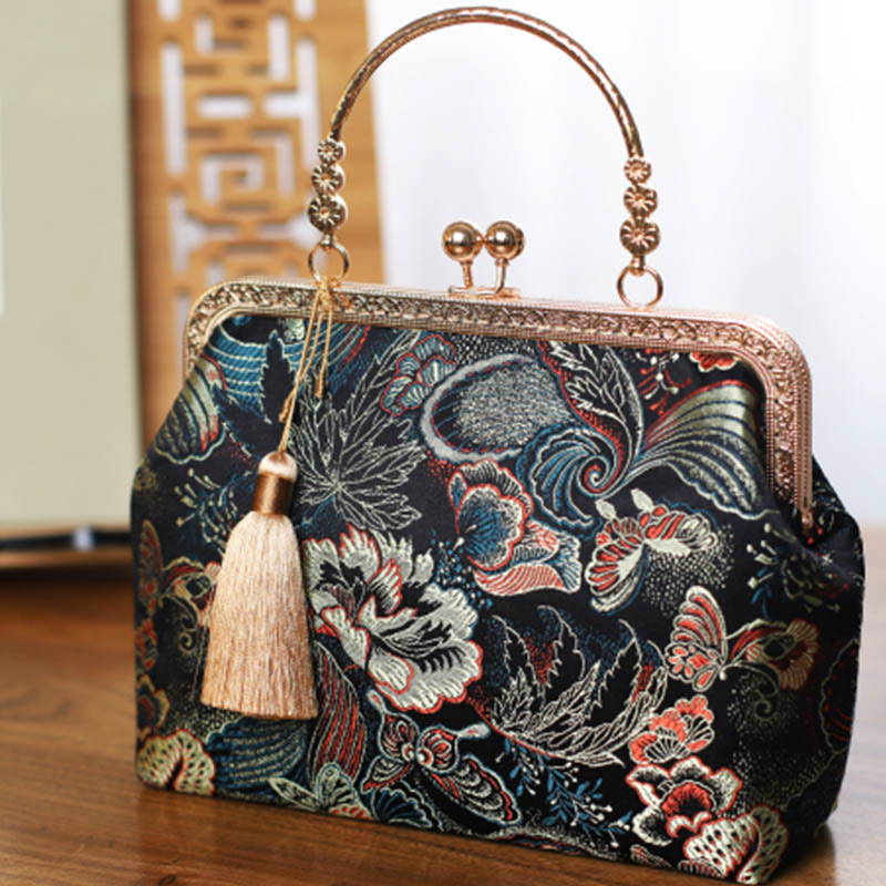 Vintage Flower Butterfly Crane Sea Waves Metal Chain Crossbody Bag Shoulder Bag Handbag