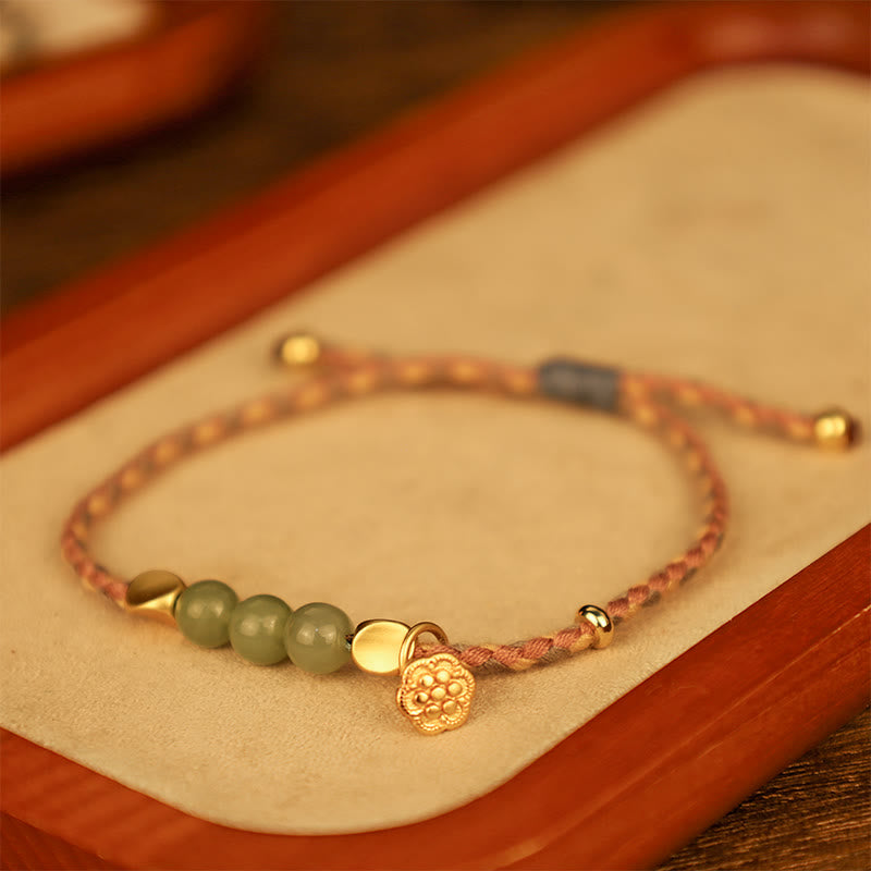 Handcrafted Hetian Jade Lotus Charm Luck Braided Bracelet